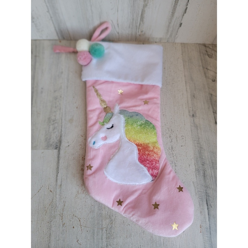 Plush pink unicorn stocking rainbow stars hanging‎ Xmas home decor